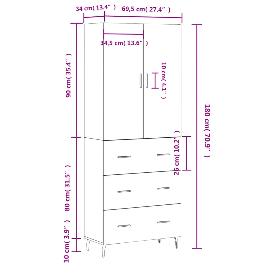 Buffet haut Sonoma gris 69,5x34x180 cm Bois d'ingénierie - 14