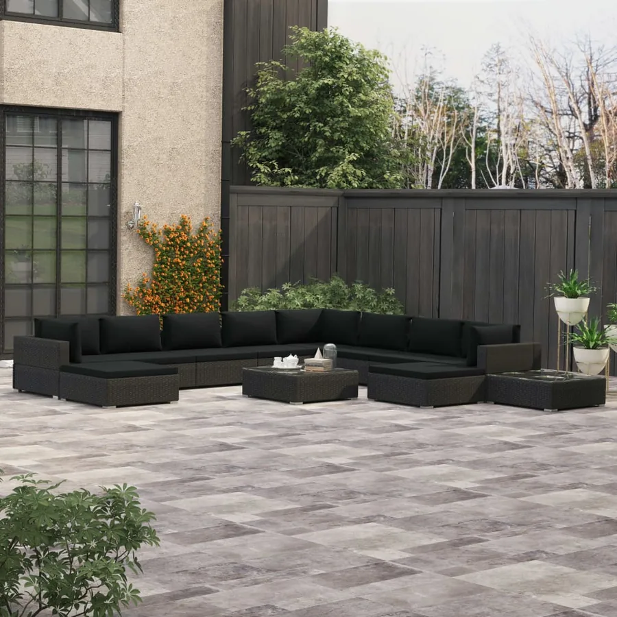 Salon de jardin 12 pcs avec coussins résine tressée noir