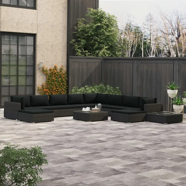 Salon de jardin 12 pcs avec coussins résine tressée noir