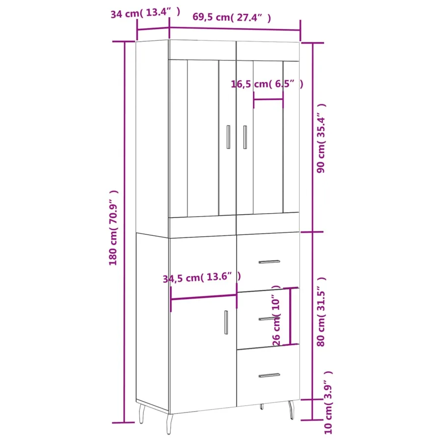 Buffet haut Blanc 69,5x34x180 cm Bois d'ingénierie - 14