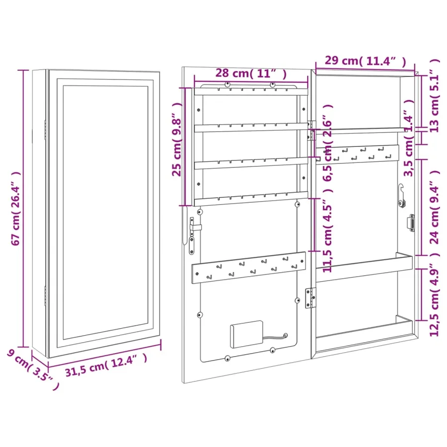 Armoire à bijoux avec miroir et éclairage LED mural blanc - 12