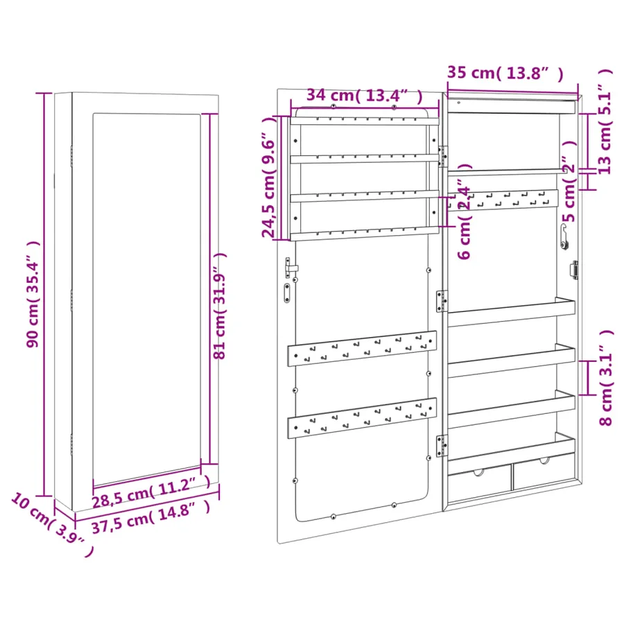 Armoire à bijoux avec miroir et éclairage LED mural blanc - 13