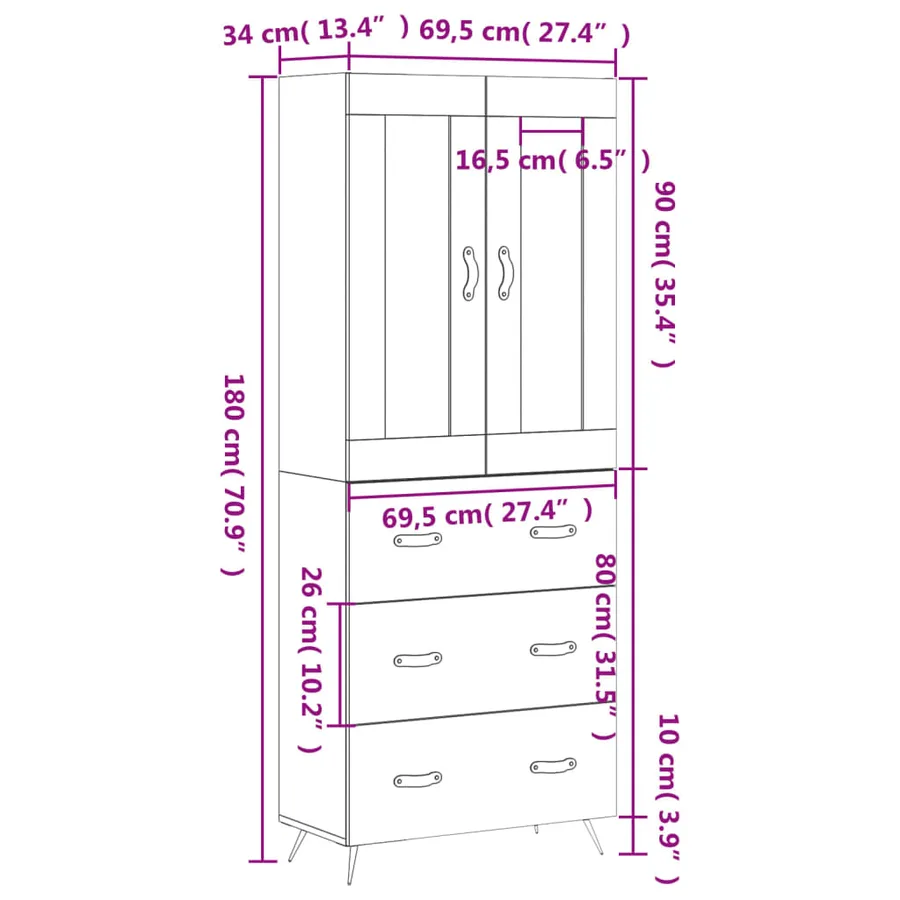Buffet haut Blanc 69,5x34x180 cm Bois d'ingénierie - 14