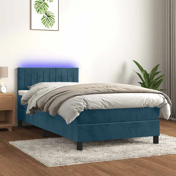 Sommier à lattes de lit et matelas et LED Bleu foncé 90x190cm