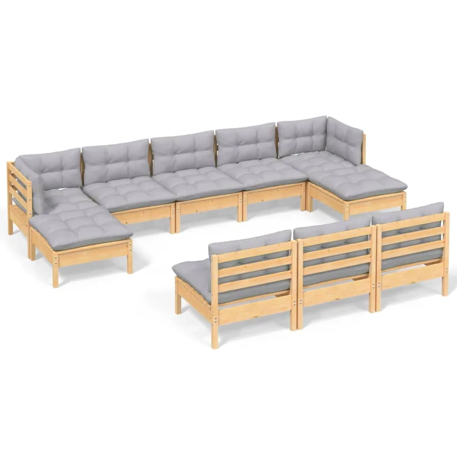 Salon de jardin 10 pcs avec coussins gris Bois de pin - 2