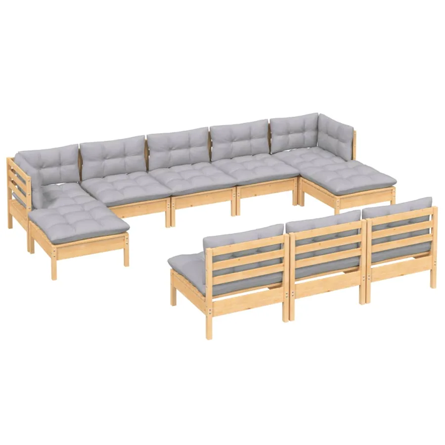 Salon de jardin 10 pcs avec coussins gris Bois de pin - 3