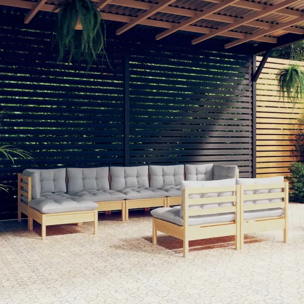 Salon de jardin 9 pcs avec coussins gris bois de pin