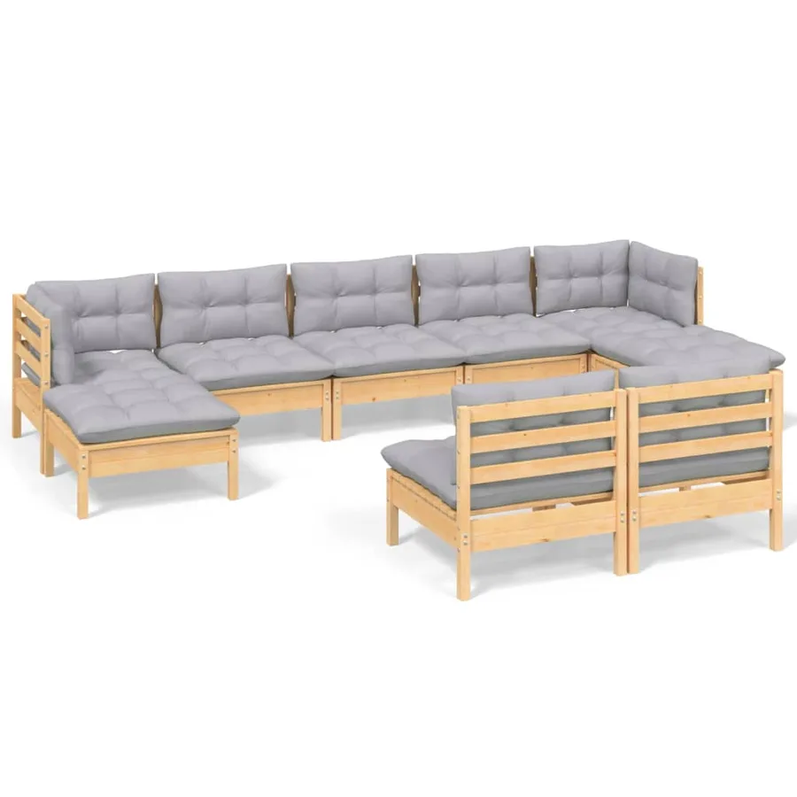 Salon de jardin 9 pcs avec coussins gris bois de pin - 2