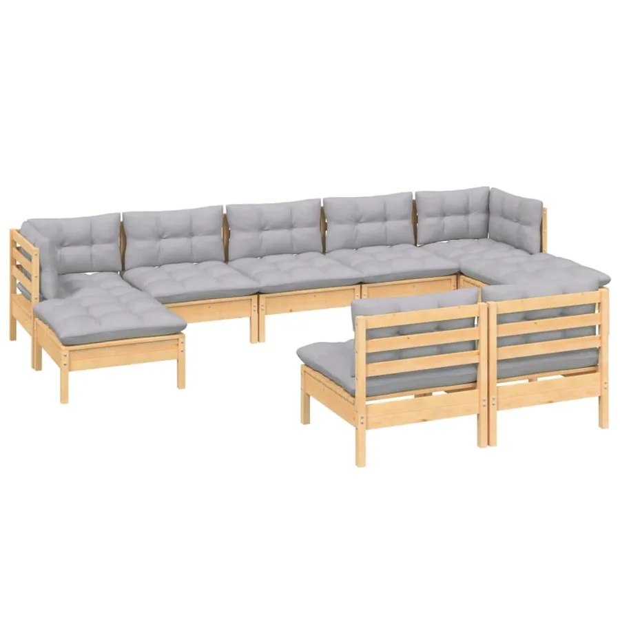 Salon de jardin 9 pcs avec coussins gris bois de pin - 3