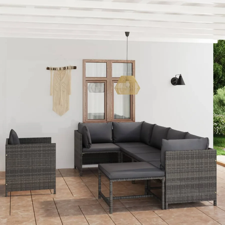 Salon de jardin 7 pcs avec coussins Résine tressée Gris