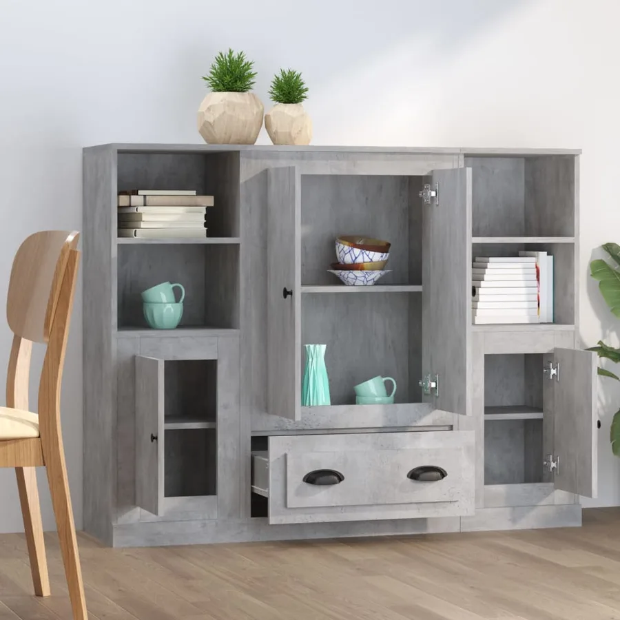 Buffets 3 pcs gris béton bois d'ingénierie - 3