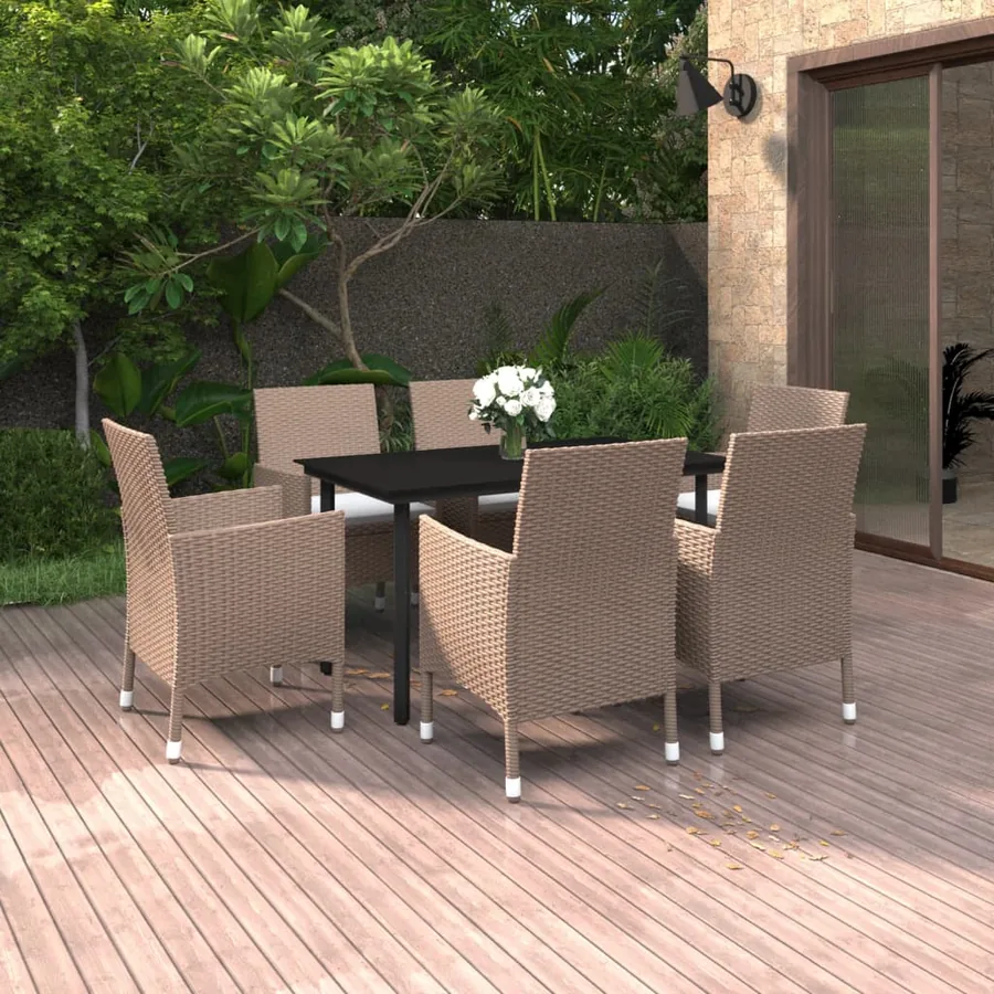Ensemble à manger de jardin coussins 7 pcs Résine tressée Verre
