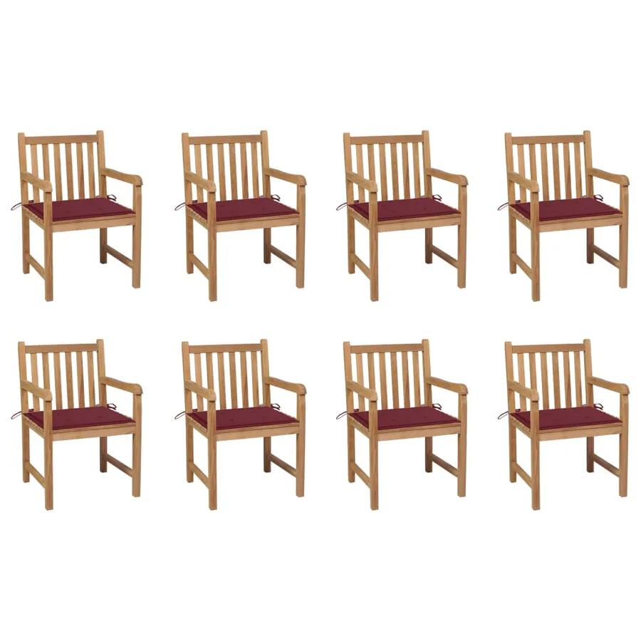 Chaises de jardin lot de 8 avec coussins bordeaux Bois de teck