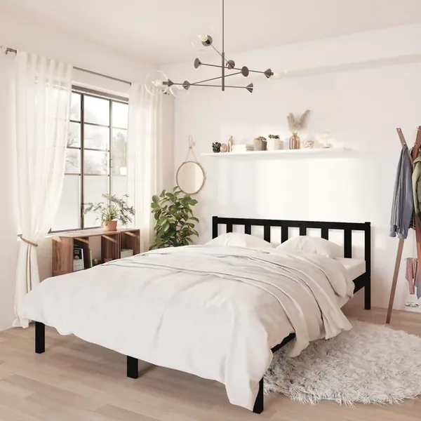 Cadre de lit sans matelas noir bois massif