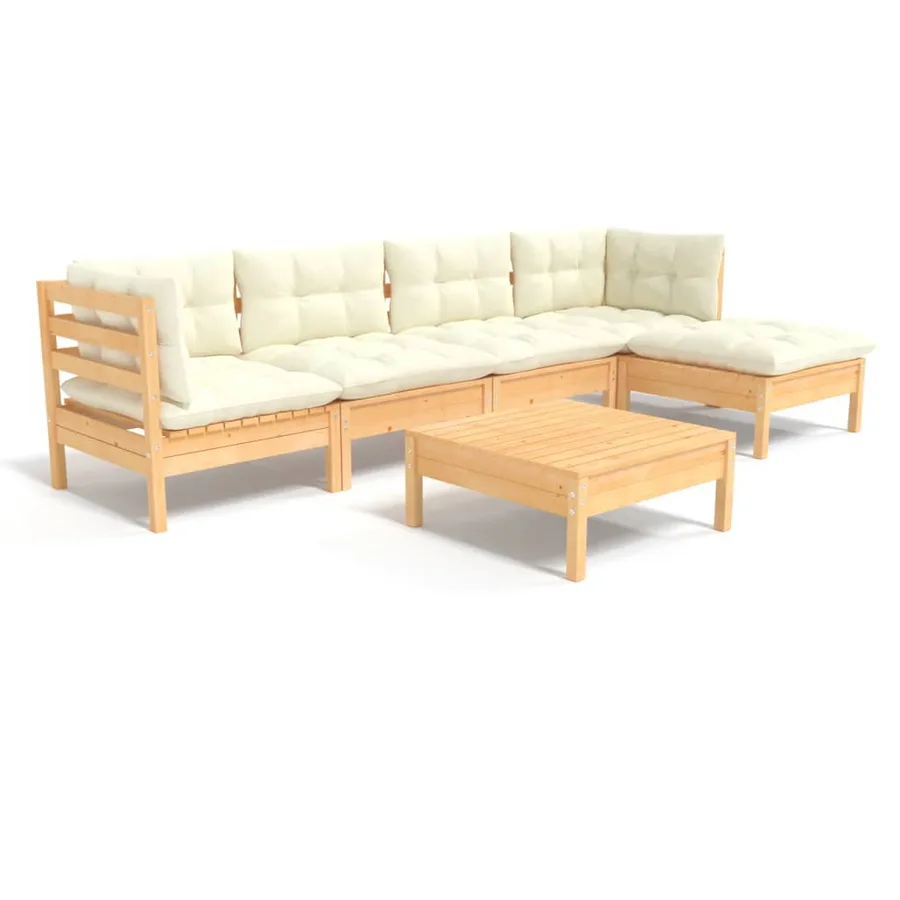 Salon de jardin 6 pcs avec coussins crème bois de pin - 2
