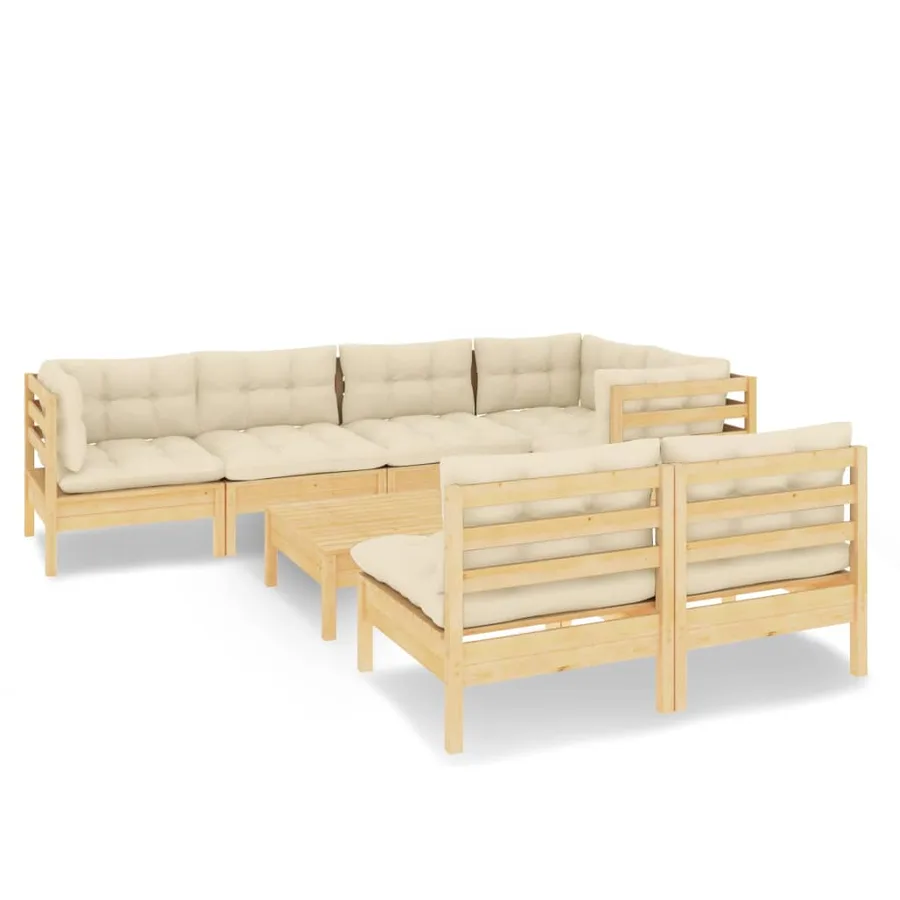 Salon de jardin 8 pcs avec coussins crème Bois de pin massif - 2