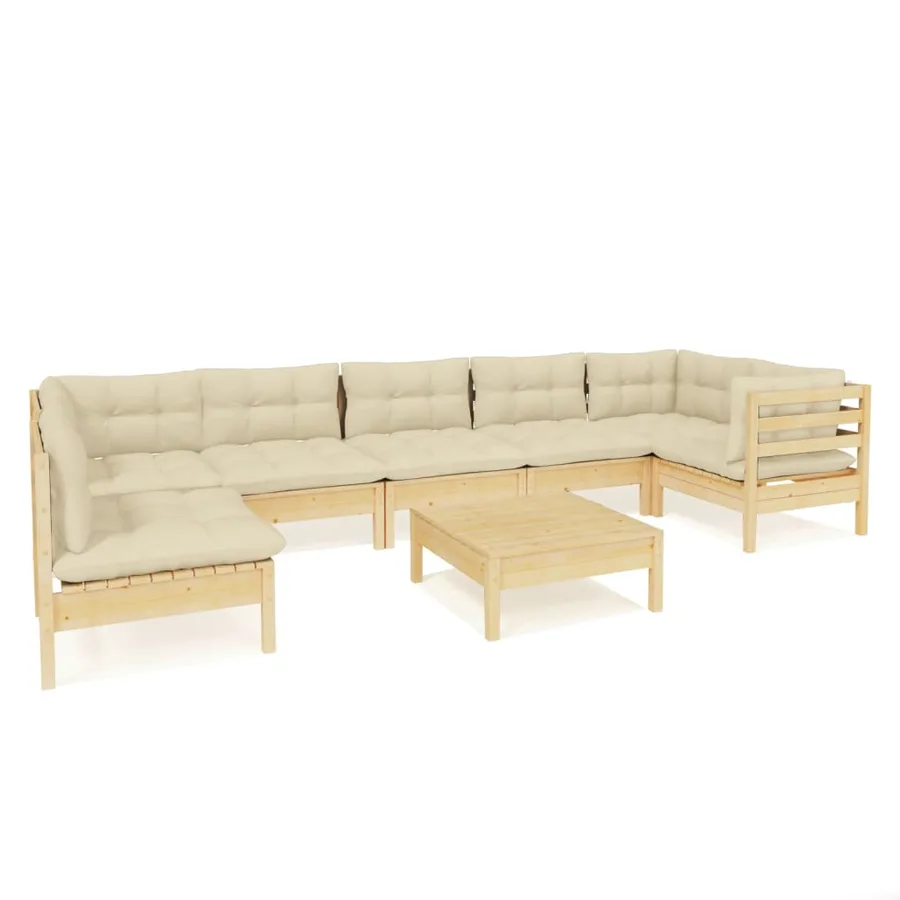 Salon de jardin 8 pcs avec coussins crème Bois de pin - 2
