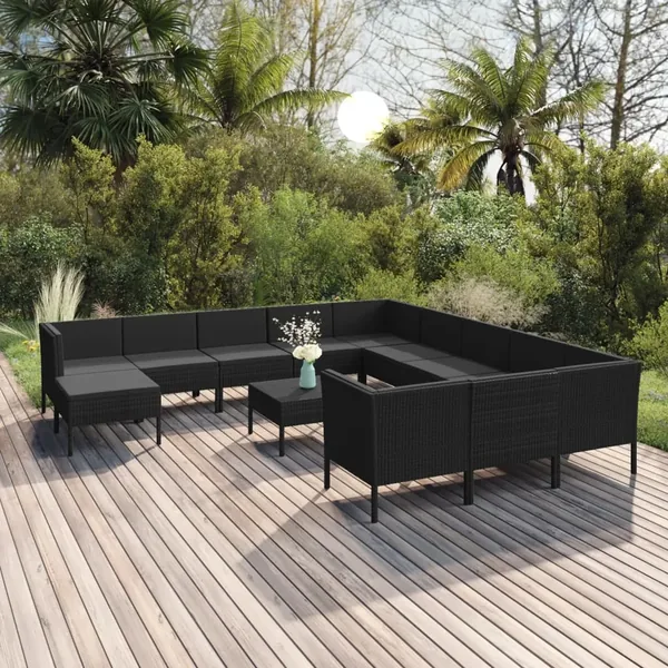 Salon de jardin 13 pcs avec coussins Résine tressée Noir