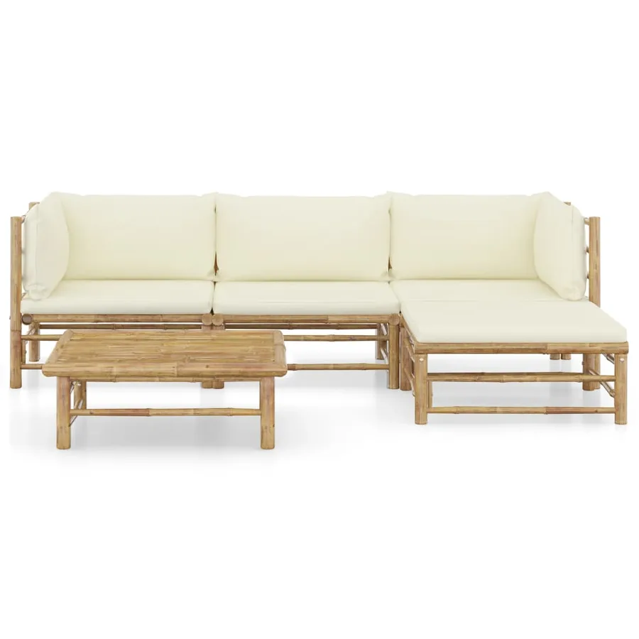 Salon de jardin 5 pcs avec coussins blanc crème bambou - 2