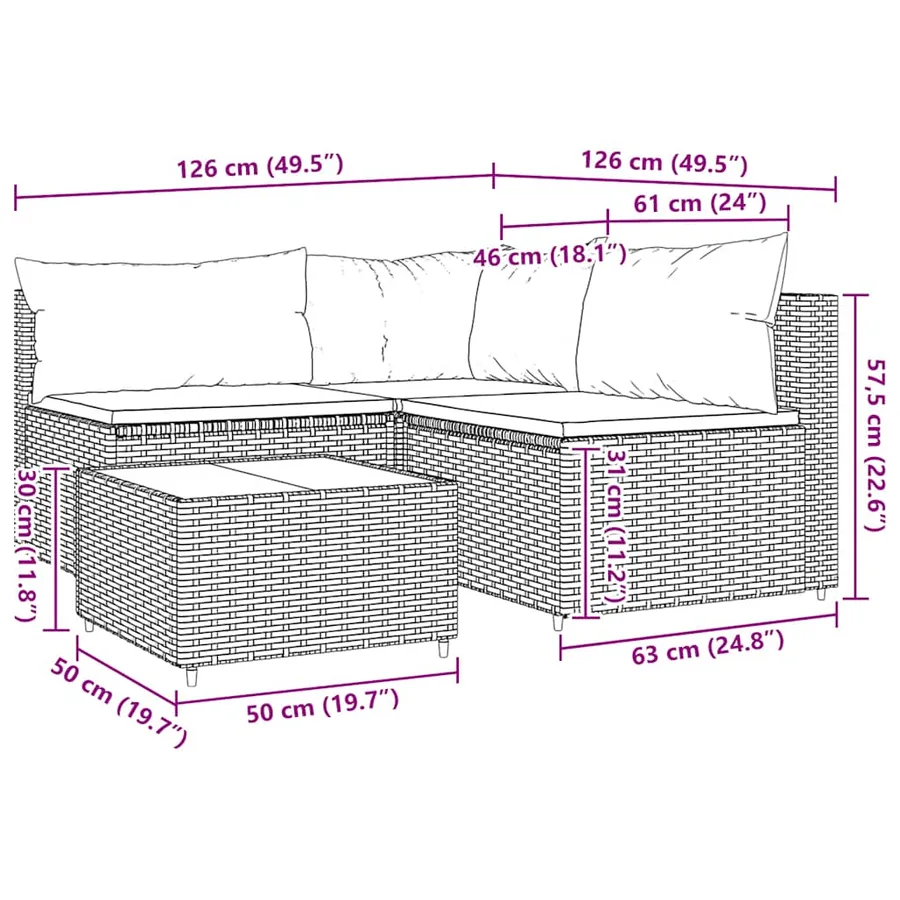 Salon de jardin 4 pcs avec coussins Marron Résine tressée - 11