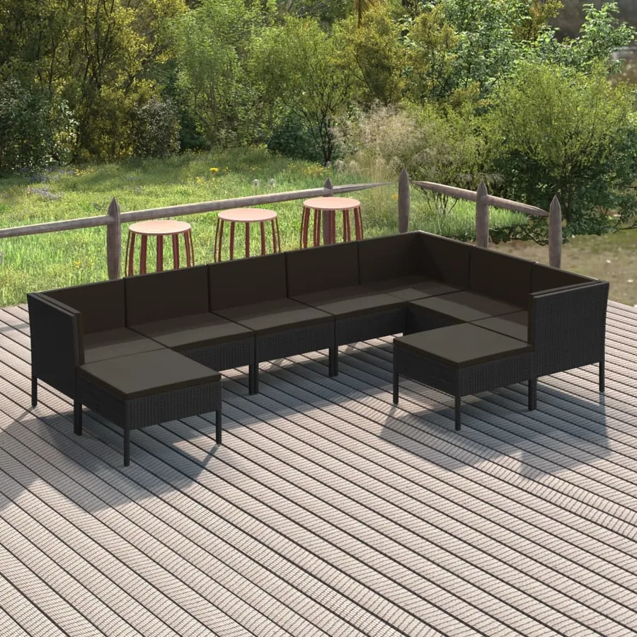 Salon de jardin 9 pcs avec coussins Résine tressée Noir