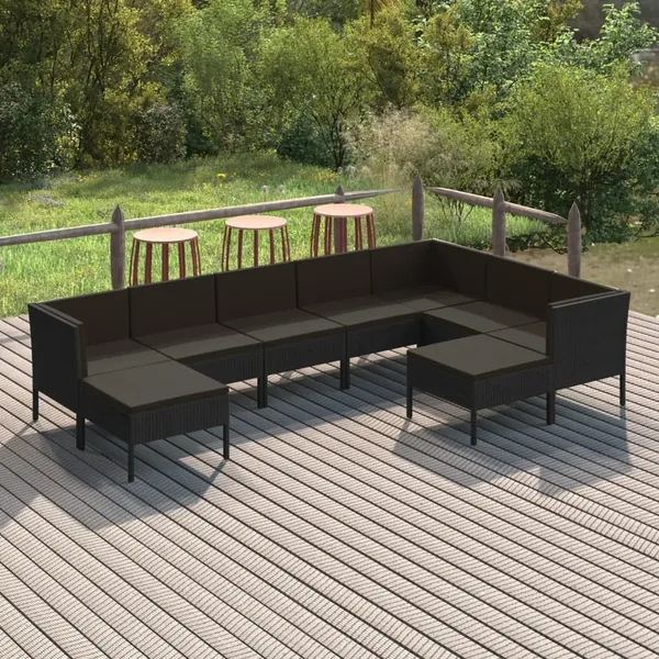 Salon de jardin 9 pcs avec coussins Résine tressée Noir