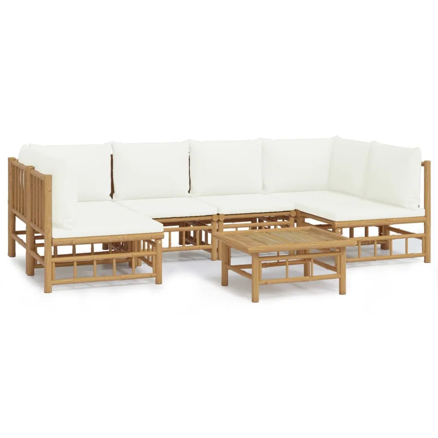 Salon de jardin 7 pcs avec coussins blanc crème bambou - 2