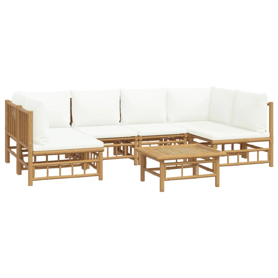 Salon de jardin 7 pcs avec coussins blanc crème bambou - 3
