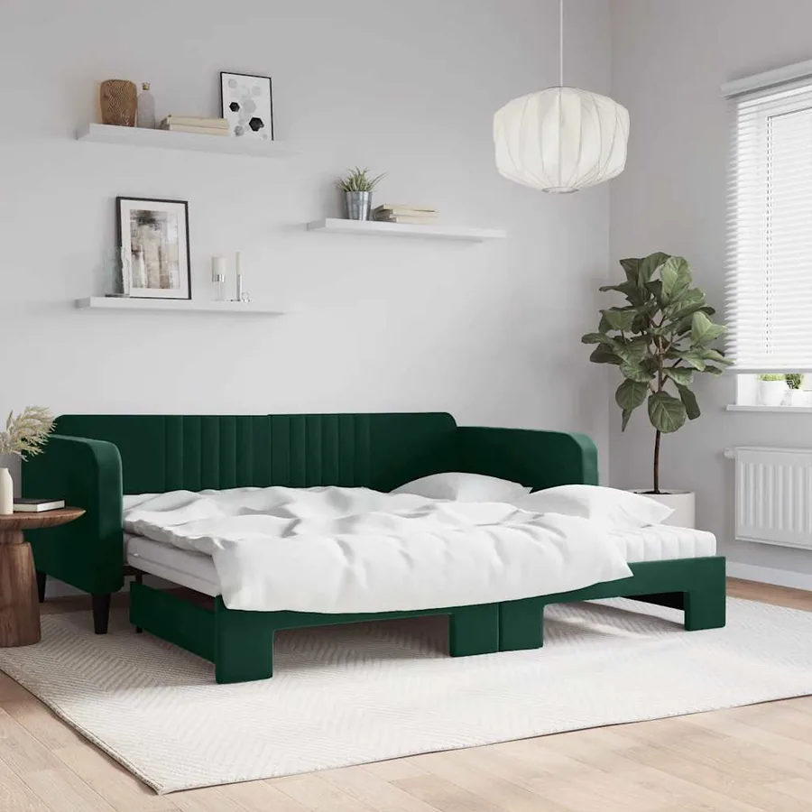 Lit de jour et gigogne et matelas vert foncé 100x200 cm velours