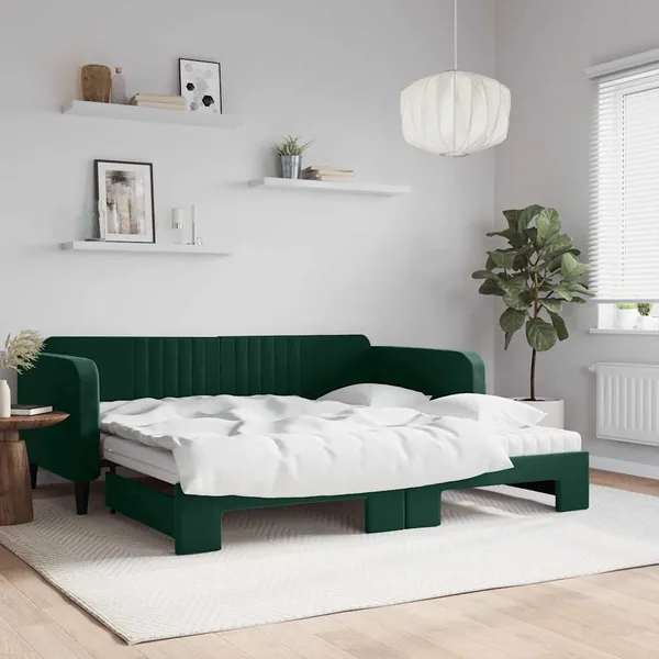 Lit de jour et gigogne et matelas vert foncé 100x200 cm velours