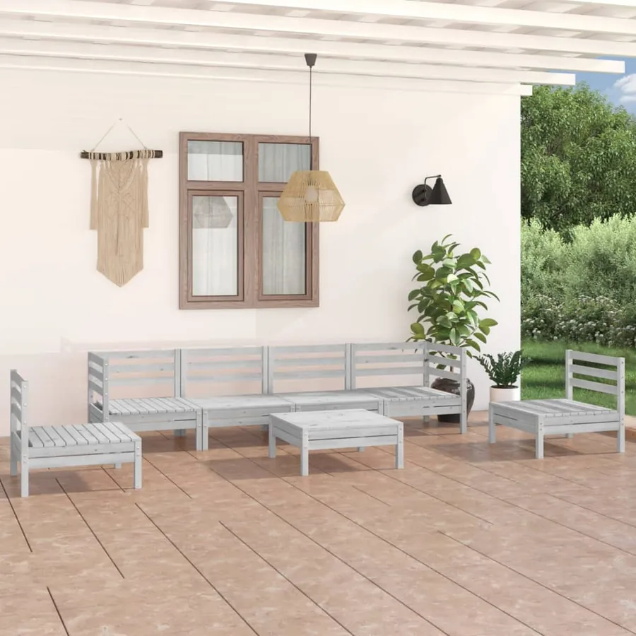Salon de jardin 7 pcs Blanc Bois de pin massif
