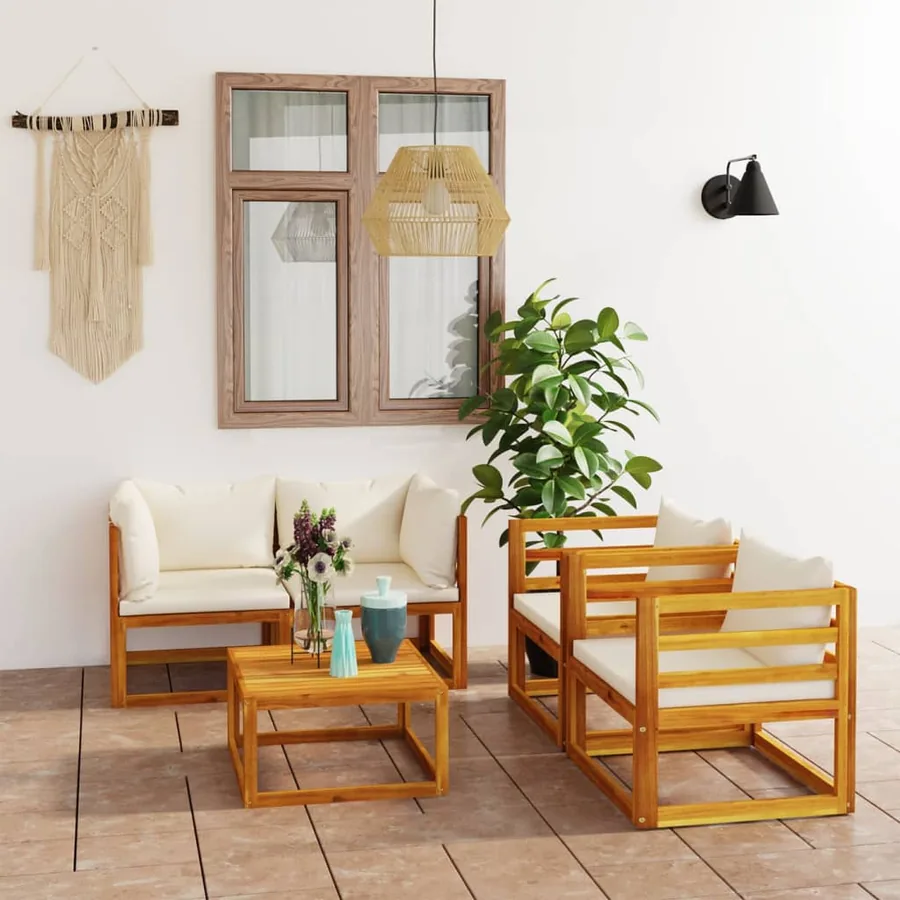 Salon de jardin 5 pcs avec coussin Crème Bois d'acacia solide