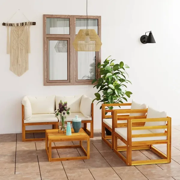Salon de jardin 5 pcs avec coussin Crème Bois d'acacia solide
