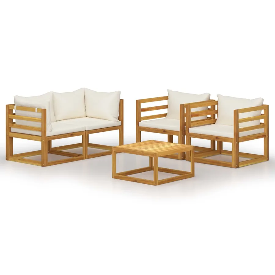 Salon de jardin 5 pcs avec coussin Crème Bois d'acacia solide - 2