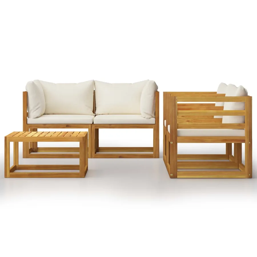 Salon de jardin 5 pcs avec coussin Crème Bois d'acacia solide - 3