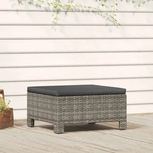 Repose-pieds de jardin avec coussin en polyrotin gris
