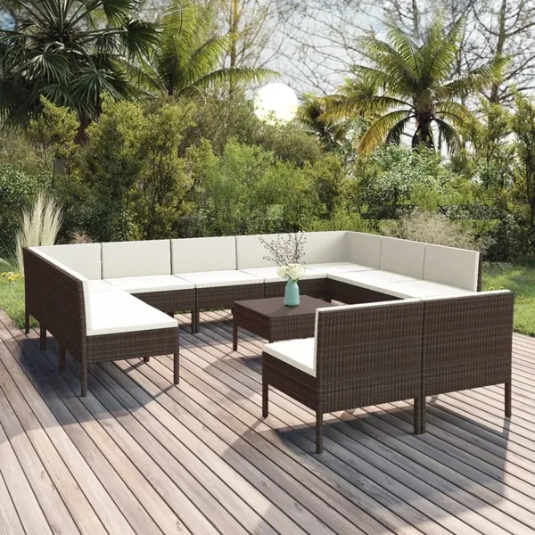 Salon de jardin 12 pcs avec coussins Résine tressée Marron
