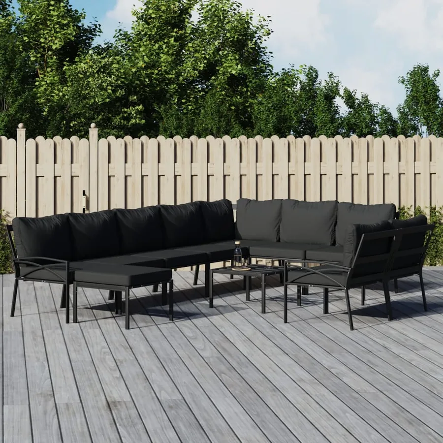 Salon de jardin 11 pcs avec coussins gris acier