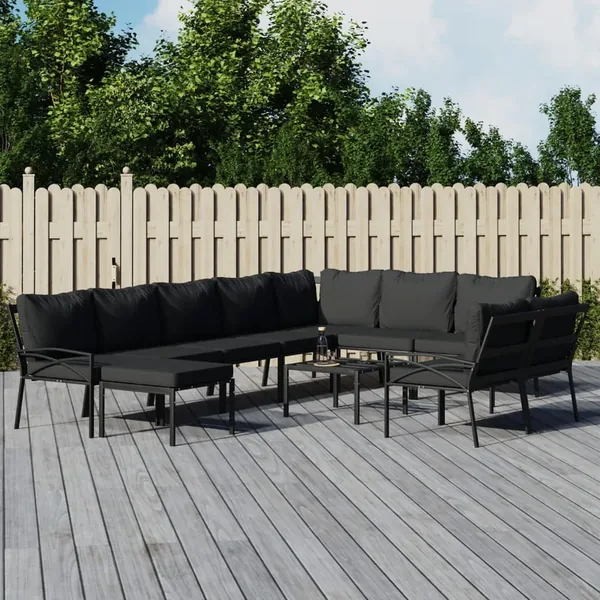 Salon de jardin 11 pcs avec coussins gris acier