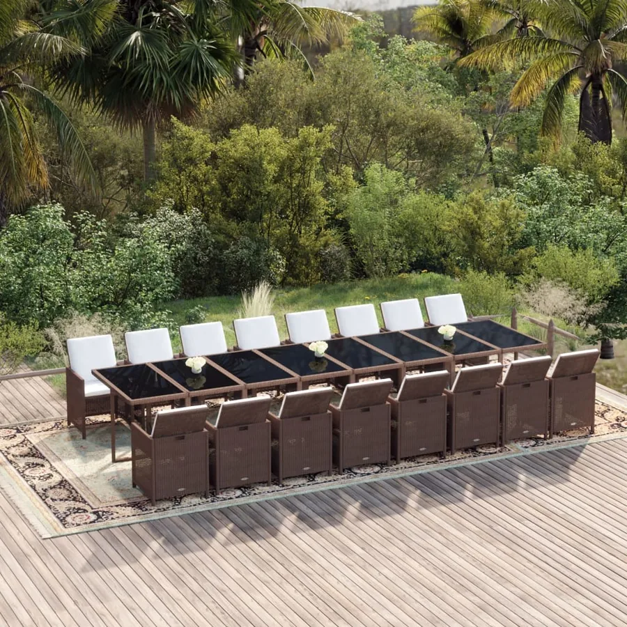 Ensemble à manger de jardin et coussins 17 pcs marron rotin