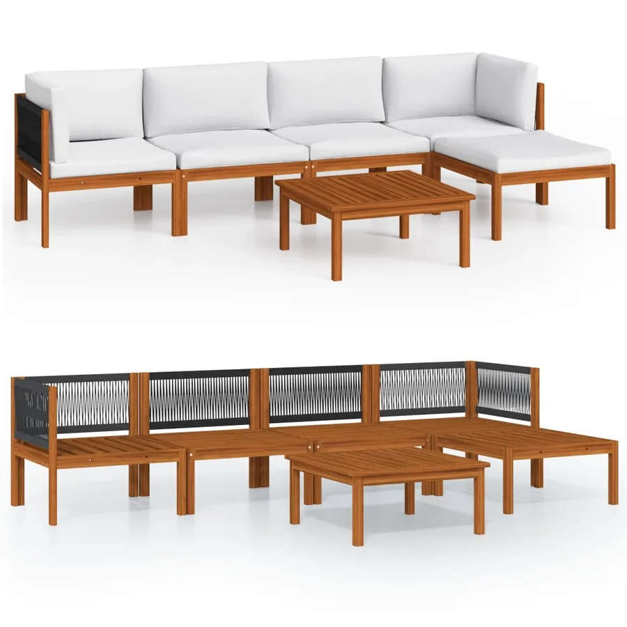 Salon de jardin 6 pièces avec coussins, bois d'acacia crème et corde - 2
