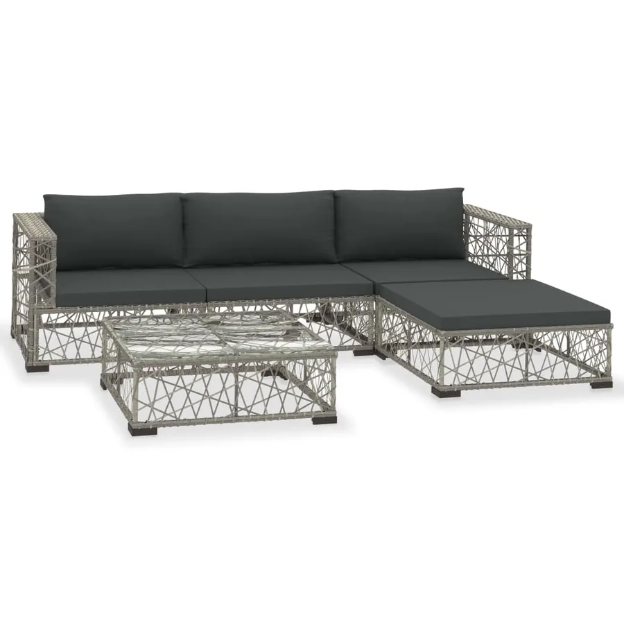 Salon de jardin 5 pcs avec coussins résine tressée gris - 2