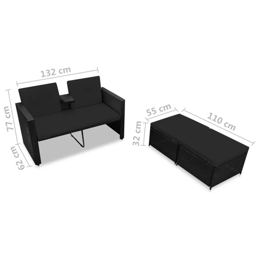 Salon de jardin 3 pcs avec coussins Résine tressée Noir - 7