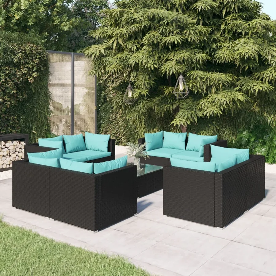 Salon de jardin 9 pcs avec coussins Résine tressée Noir