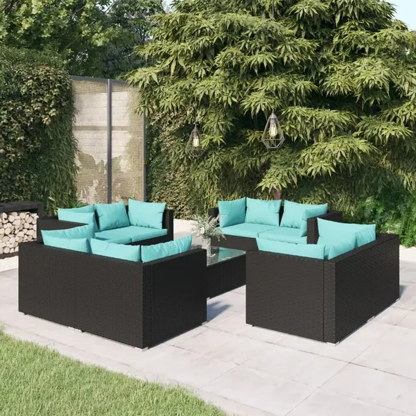 Salon de jardin 9 pcs avec coussins Résine tressée Noir