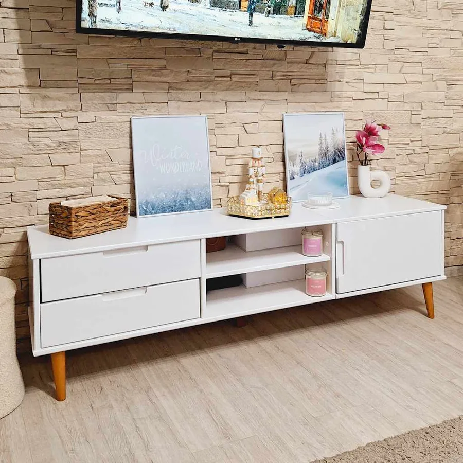 Meuble TV MOLDE Blanc 158x40x49 cm Bois de pin massif - 3