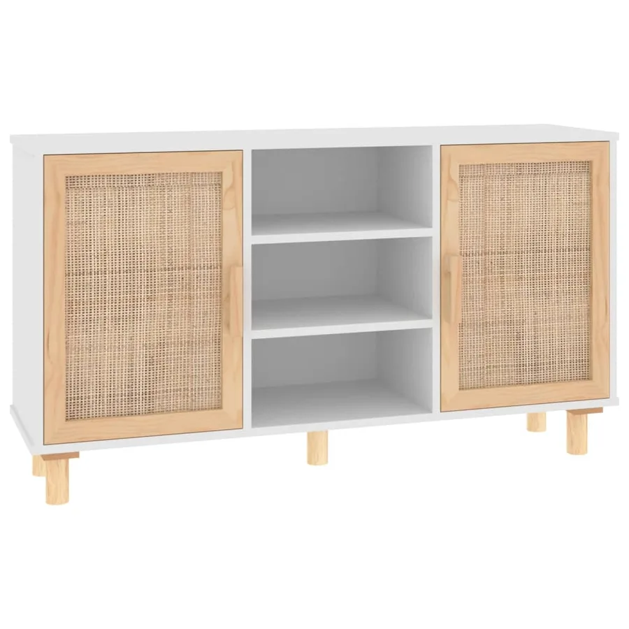 Buffet Blanc 105x30x60 cm Bois de pin massif et rotin naturel - 2