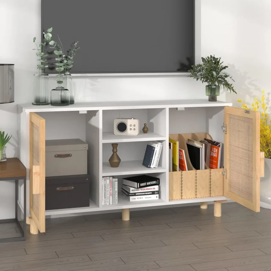 Buffet Blanc 105x30x60 cm Bois de pin massif et rotin naturel - 3