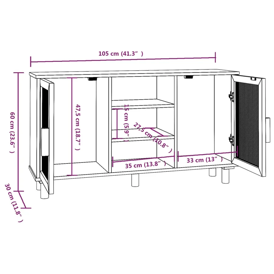 Buffet Blanc 105x30x60 cm Bois de pin massif et rotin naturel - 8