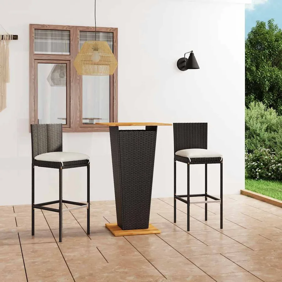 Ensemble de bar de jardin 3 pcs et coussins Résine tressée Noir